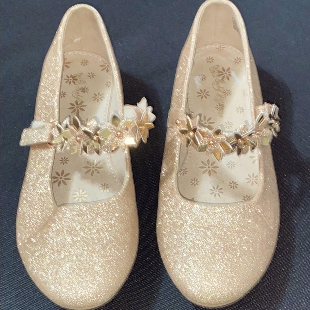 SELF ESTEEM GIRLS SIZE‎ 2 ELEGANT Gold Kids Shoes with Floral HOOK LOOP Strap